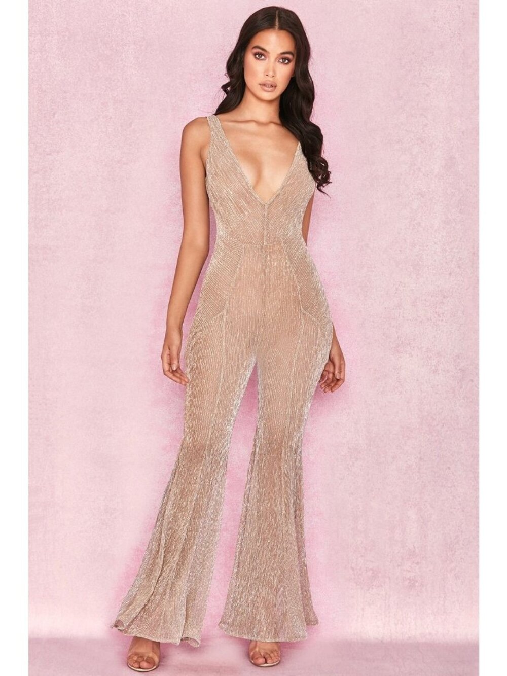 HOUSE OF CB Gold Champagne Fallon Kick Flare Sheer Jumpsuit Size XS New NWOT